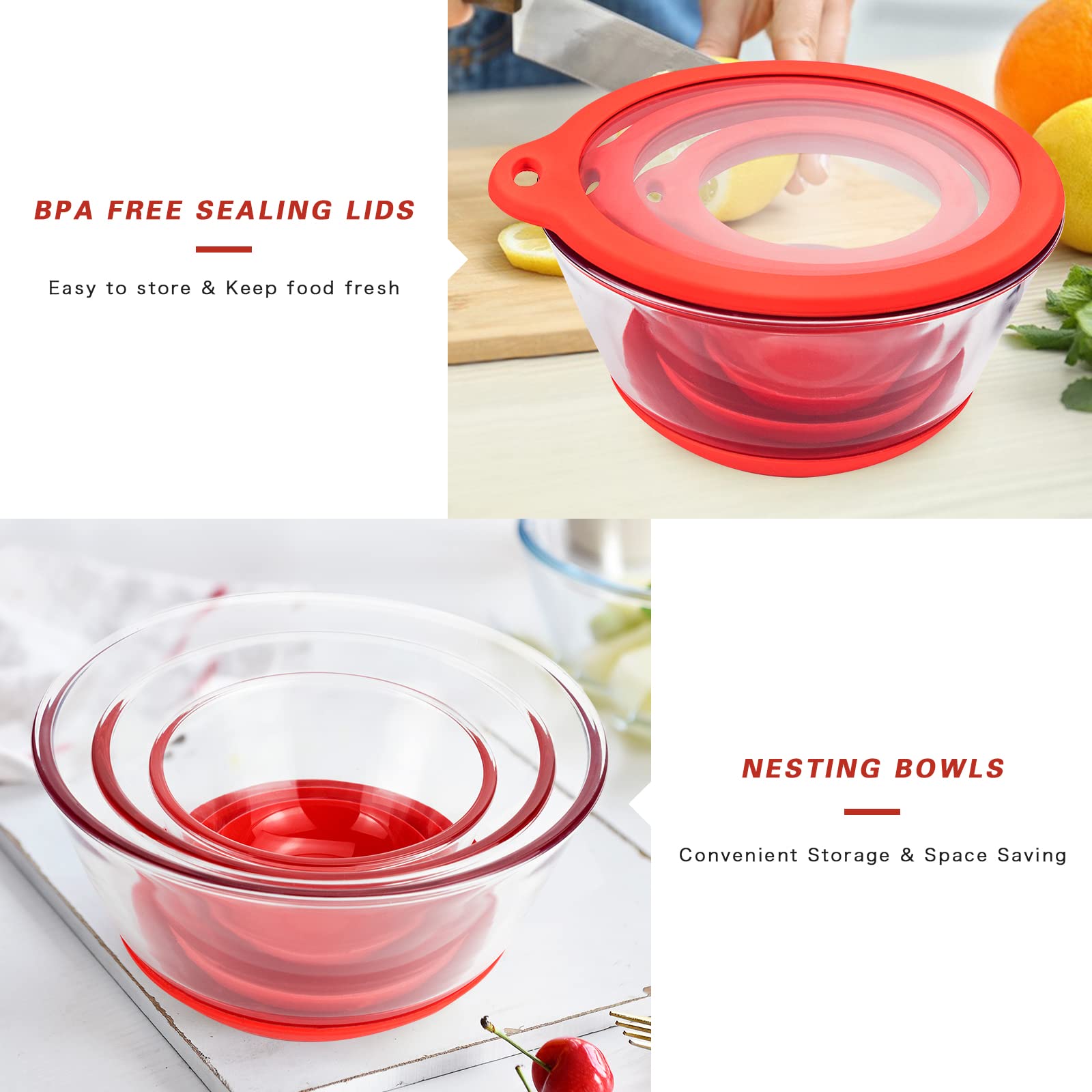 MR.CHOU Glass Mixing Bowl Set of 3 with BPA Free Airtight Lids, Nesting Bowls with Non-slip Silicone Bottom, Large Mixing Bowls for Food Storage, Dishwasher & Microwave Safe, 2.2, 1.1, 0.5 QT Red