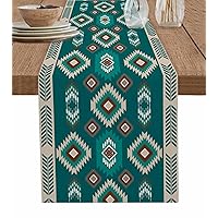 Turquoise Western Boho Table Runner 48 Inches Long for Dining Table, Cotton Linen Coffee Table Runners Washable Dresser Scarf for Kitchen Party Farmhouse Southwest Indian Azke Ethnic Tribe