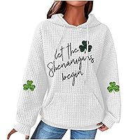 Womens St Patricks Day Waffle Hoodies Green Shamrock Long Sleeve Pullover Pocket Hooded Sweatshirt Shirt Irish Gifts