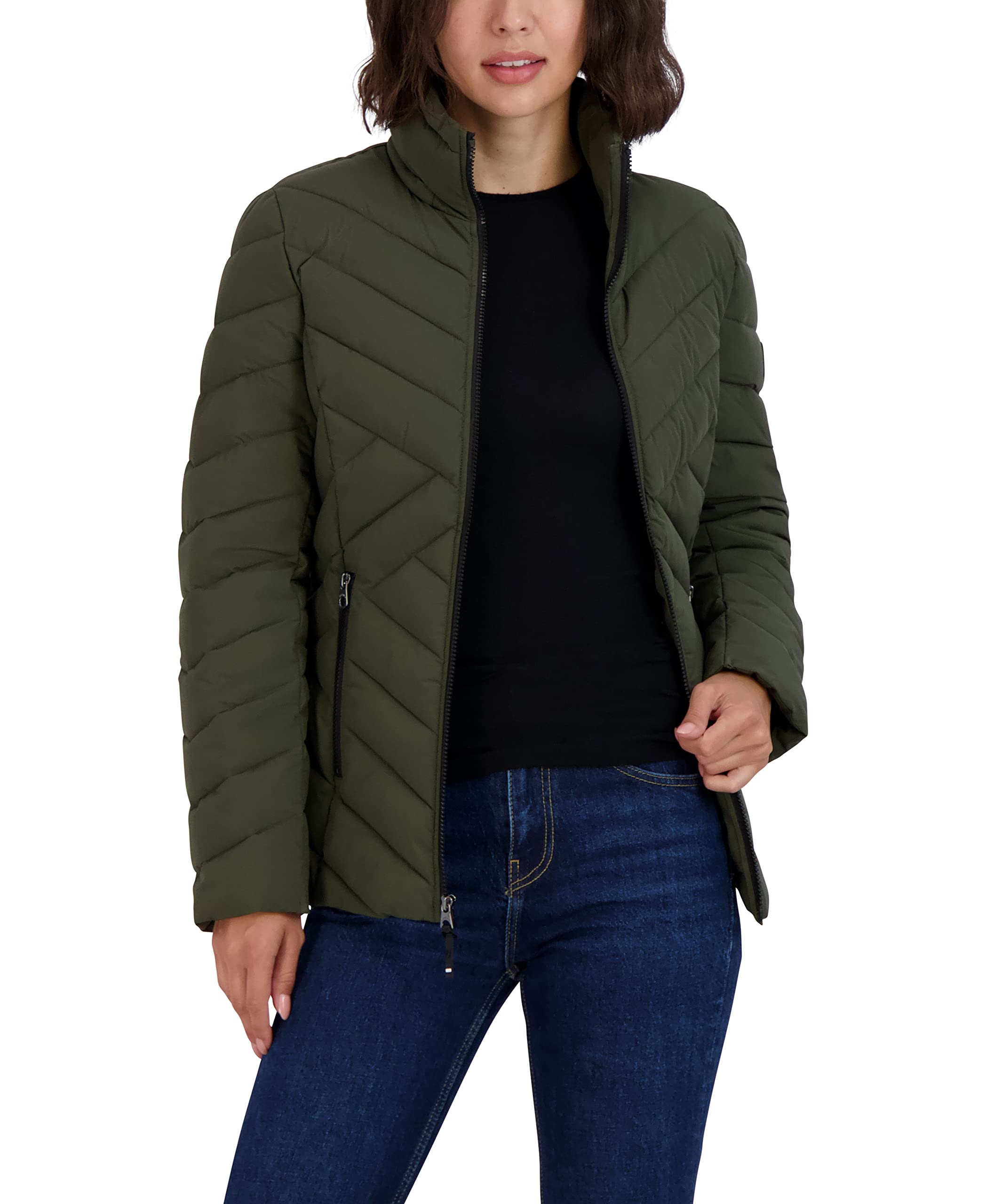 Nautica Women's Short Stretch Lightweight Puffer Jacket with Removeable Hood
