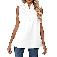 Women's Tops, Ladies Casual Sexy Sleeveless High Neck Button Ruffle Pleated Loose Top Women Blouses Elegant Shirts Summer