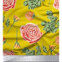 Soimoi Yellow Cotton Voile Fabric Leaves & Denmark Rose Floral Print Sewing Fabric Yard 42 Inch Wide