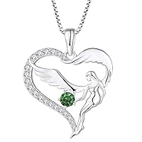 FJ Heart Angel Necklace Guardian Angel Wing Pendant Necklace 925 Sterling Silver with Birthstone Cubic Zirconia Jewellery Gifts for Women Girls