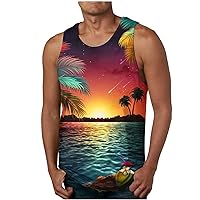 Mens Sleeveless T Shirts Floral Hawaiian Tee Shirt Sunset Coconut Tree Print Tank Tops Summer Beach Workout Tanks