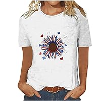 Women 4th of July Tops Cute American Flag Sunflower Patriotic Shirts Summer Casual Short Sleeve Love Heart Blouses