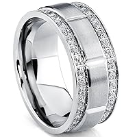 Metal Masters Men's Titanium Wedding Band Ring with Double Row Cubic Zirconia, Comfort Fit Sizes, 9MM 8 to 12