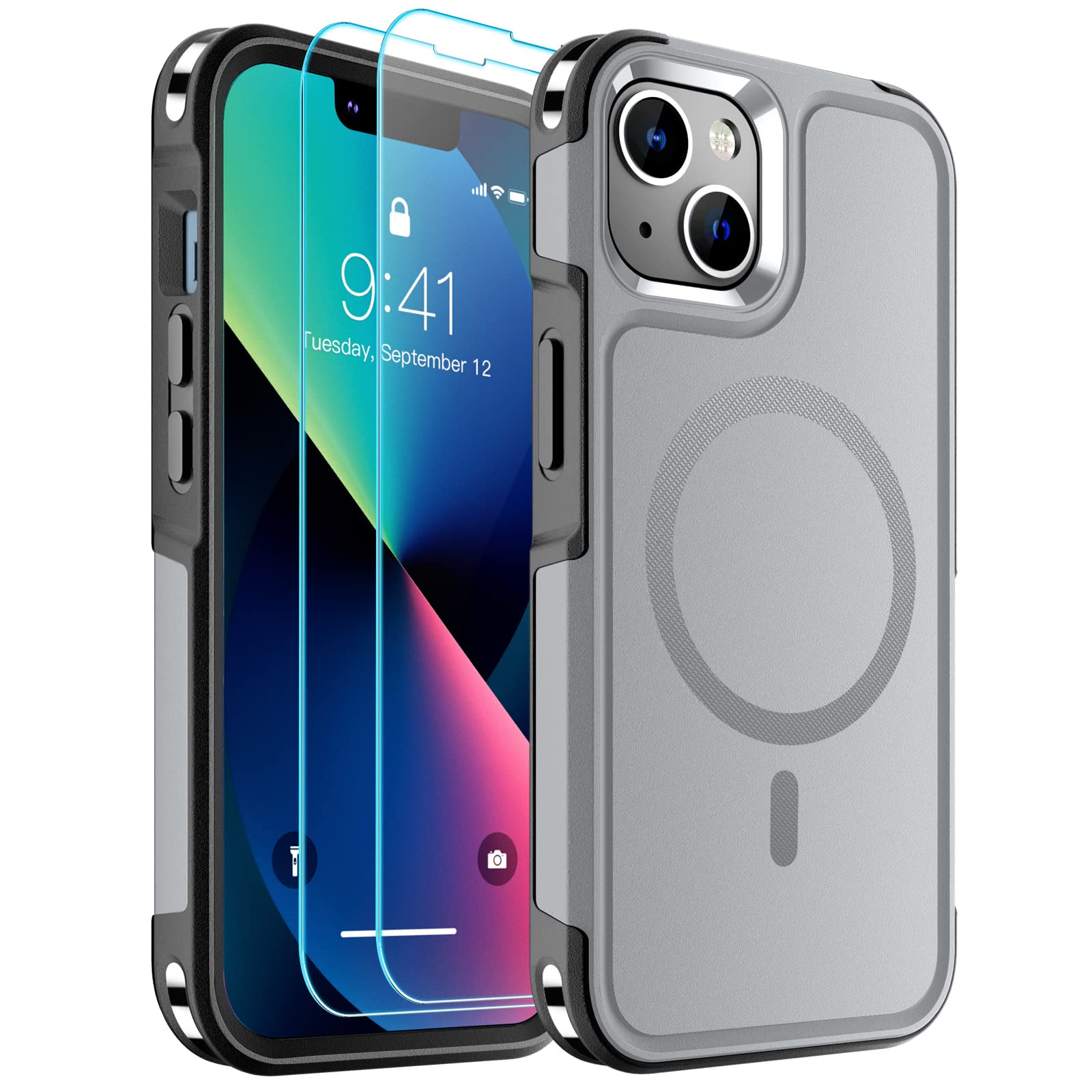 SUPFINE Magnetic for iPhone 13 Case [Compatible with MagSafe][10 FT Military Grade Drop Protection] [2+Tempered Glass Screen Protector] Non-Slip Heavy Duty Full-Body Shockproof Phone Case,Grey