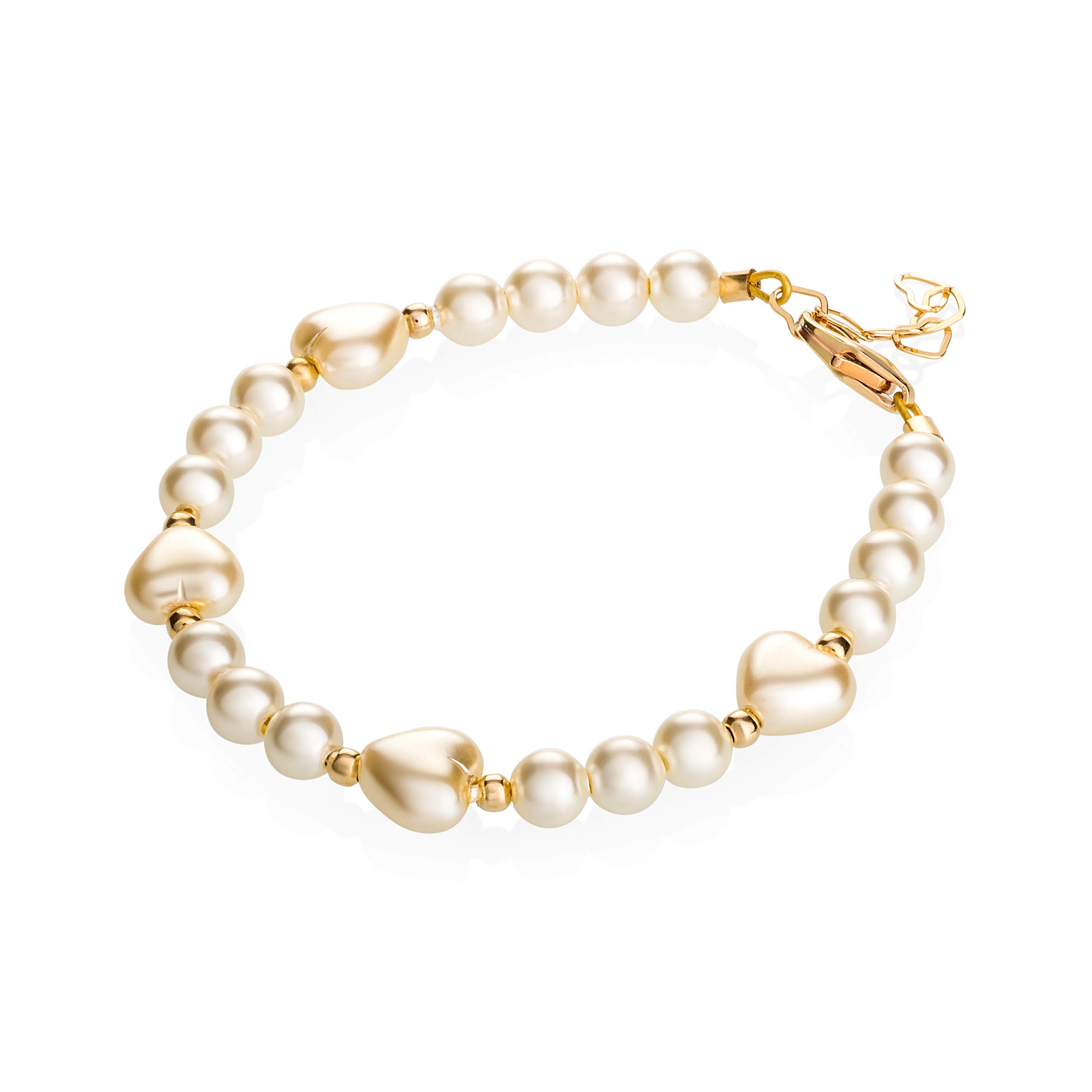 Crystal Dream Elegant Heart Gold Beads Luxury 14KT Gold-Filled Baby Girl Bracelet with Ivory European Simulated Pearls (BHII)