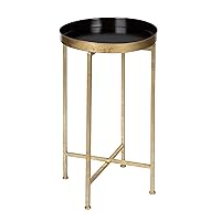 Kate and Laurel Celia Round Metal Foldable Tray Accent Table, Black with Gold Base