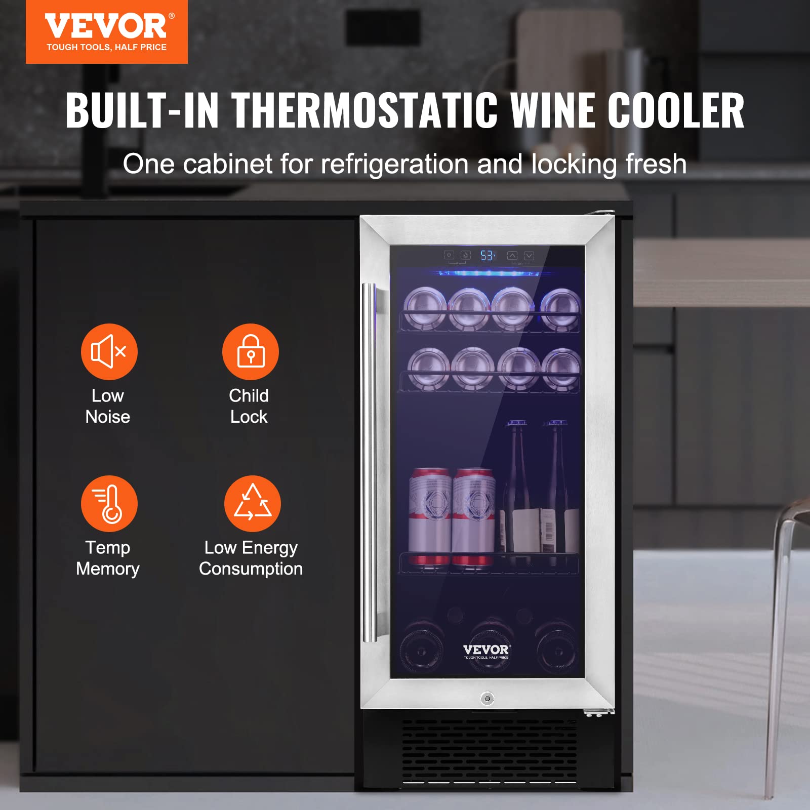 VEVOR 96 Cans Built-in or Freestanding Wine Refrigerator Beverage Cooler with Blue LED Light, Silver