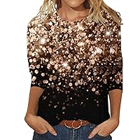 Women's Casual 3/4 Sleeve T-Shirts Round Neck Cute Tunic Tops Glitter Sparkly Printed Loose Fit Summer Blouses Shirts