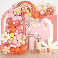 Ouddy Life 183Pcs Groovy Balloons Arch Garland Kit, Two Groovy Party Decorations Girl with Banner & Daisy Flowers Peace Victory Bus for Retro Hippie Groovy One Birthday Boho Baby Shower Favors
