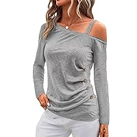 Womens Off The Shoulder Ruched Tops Asymmetrical Neck Long Sleeve Shirts 2024