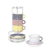 Selamica Ceramic Cappuccino Cups with Saucers and Metal Stand, 8 OZ Stackable Espresso Coffee Cups for Coffee, Latte, Americano, Tea, Gift, Set of 4, Assorted Colors