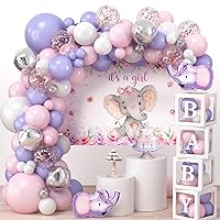 111Pcs Elephant Baby Shower Decorations for Girl, Pink Purple Birthday Party Supplies, Balloon Arch Garland, Boxes and It's a Girl Backdrop, Elephant Theme Kid Girl Baby Shower Decor