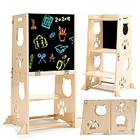 Collapsible Toddler Kitchen Step Stool With Chalkboard, Safety Rail, and Standing Tower for Kids 1-3
