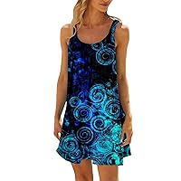 Beach Dresses for Women Sleeveless Beach Cover Up Dress Round Neck Tank Dress Boho Floral Print with Pockets