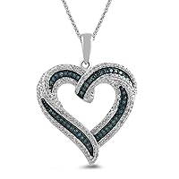 Amazon Essentials Sterling Silver Blue and White Diamond Heart Pendant Necklace (1/2 cttw), 18