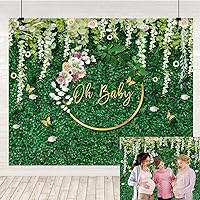 Greenery Baby Shower Backdrop Oh Baby Green Leaves Wall Pink Flowers Gender Neutral Photography Background Girl and Boy Newborn Pregnancy Party Decorations Photo Booth Props 10x8ft