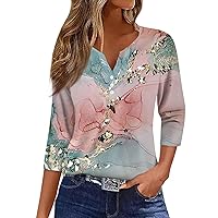 Summer Plus Size 3/4 Sleeve Tshirt Womans Seaside Trendy Floral Soft V Neck Button Blouses Top