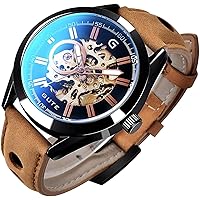 Gute Mens Watches, Mechanical Skeleton Automatic Self-Winding Steampunk Watch for Men, Casual Clock Brown Leather Wrist Watch