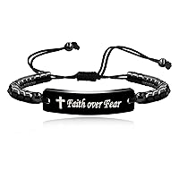 Uloveido Faith Over Fear Bracelets - Gear-Shaped Hematite Cuff Bangle Adjustable Braided String Y2300