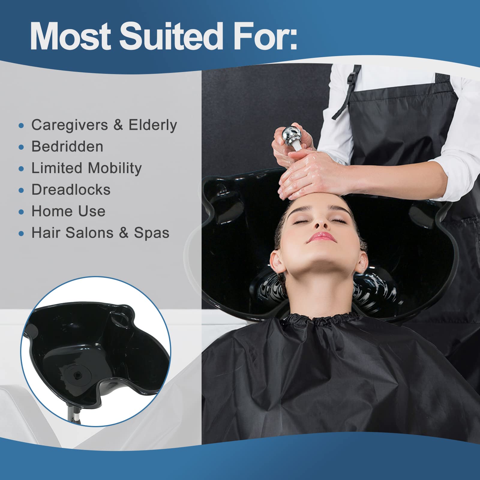 Height Adjustable Portable Salon Deep Shampoo Basin Sink Hair Treatment Bowl with Drain Hose- Black