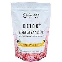 Detox+ Himalayan Soak Bath Salt with 100% Pure Rosemary and Lemon Essential Oils - Detoxing Mineral Bath for Women and Men with Epsom Salt - 32 Ounces BPA Free Resealable Bag