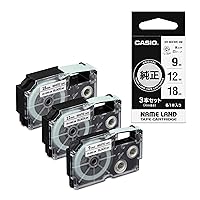 Casio Genuine Nameland Label Writer Tape 0.3 inch (9 mm), 0.57 inch (12 mm), 0.7 inch (18 mm), Set of 3, XR-MIXWE-4M White with Black Letters