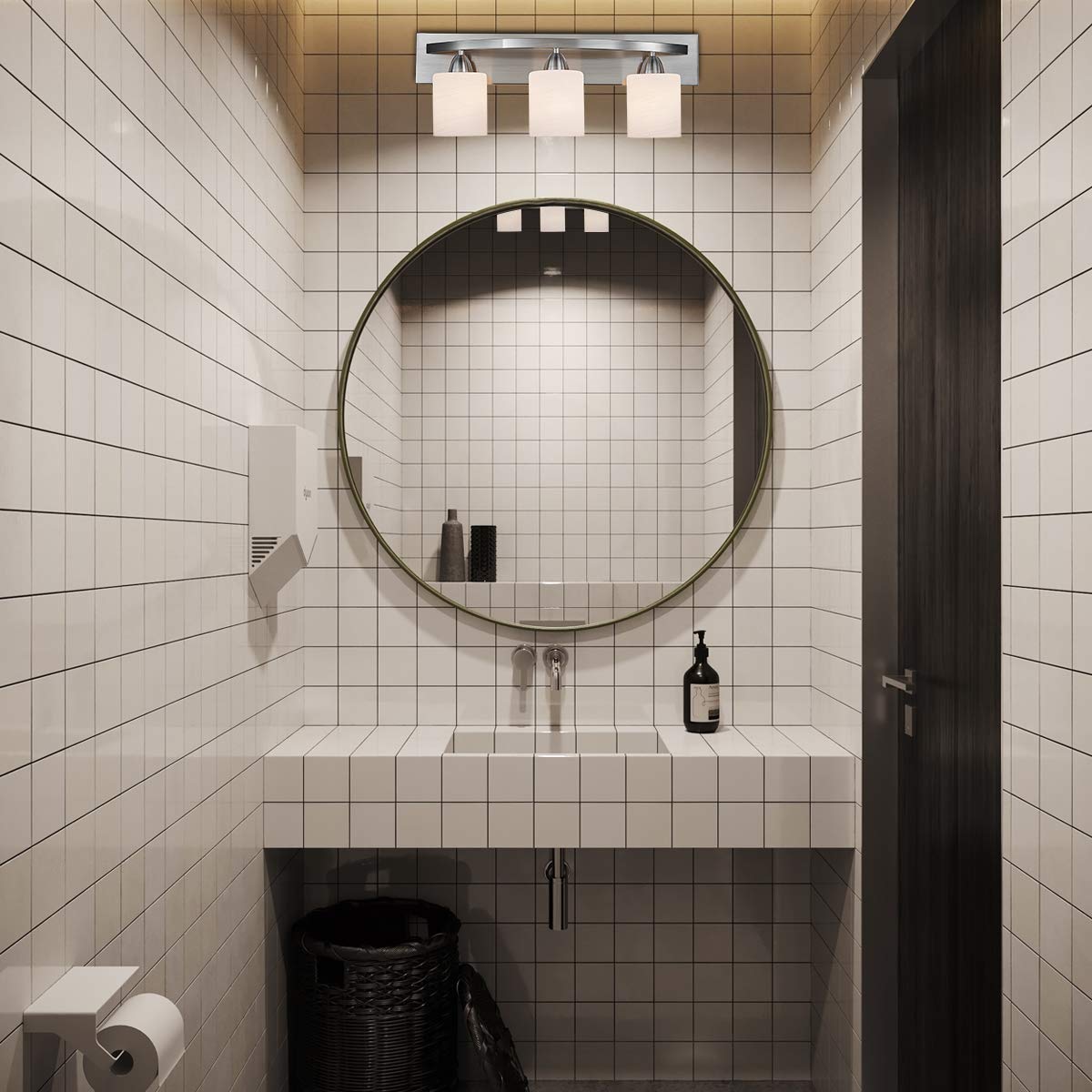 ANJIADENGSHI Bathroom Vanity Lamp Sand Nickel Wall Mounted Vanity Lighting Fixture with White Glass Shade Wall Sconce Pendant Lamp (Nickel, 3*E26)