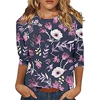 Summer T Shirts for Womens 2024 Spring Crew Neck Plus Size Beach Fashion Tees Flower Plain Three Quarter Length Tunic Tops