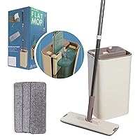 Micro Flat Mop & Bucket System, Hands-Free Wringing Floor Cleaning, 3 Washable & Reusable Microfiber Pads, Wet or Dry Usage on Wood, Marble, Tile, Laminate, Ceramic and Vinyl Floors