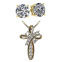 Central Diamond Center Pure Brilliance 4 Prong 2.00ctw Round Stud Earrings & Cross Necklace Jewelry Set (Y)