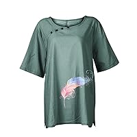 Shirt for Women Casual Short Sleeve Crewneck Print Blouse with Button Cotton Linen Oversized Summer T Shirt Tops