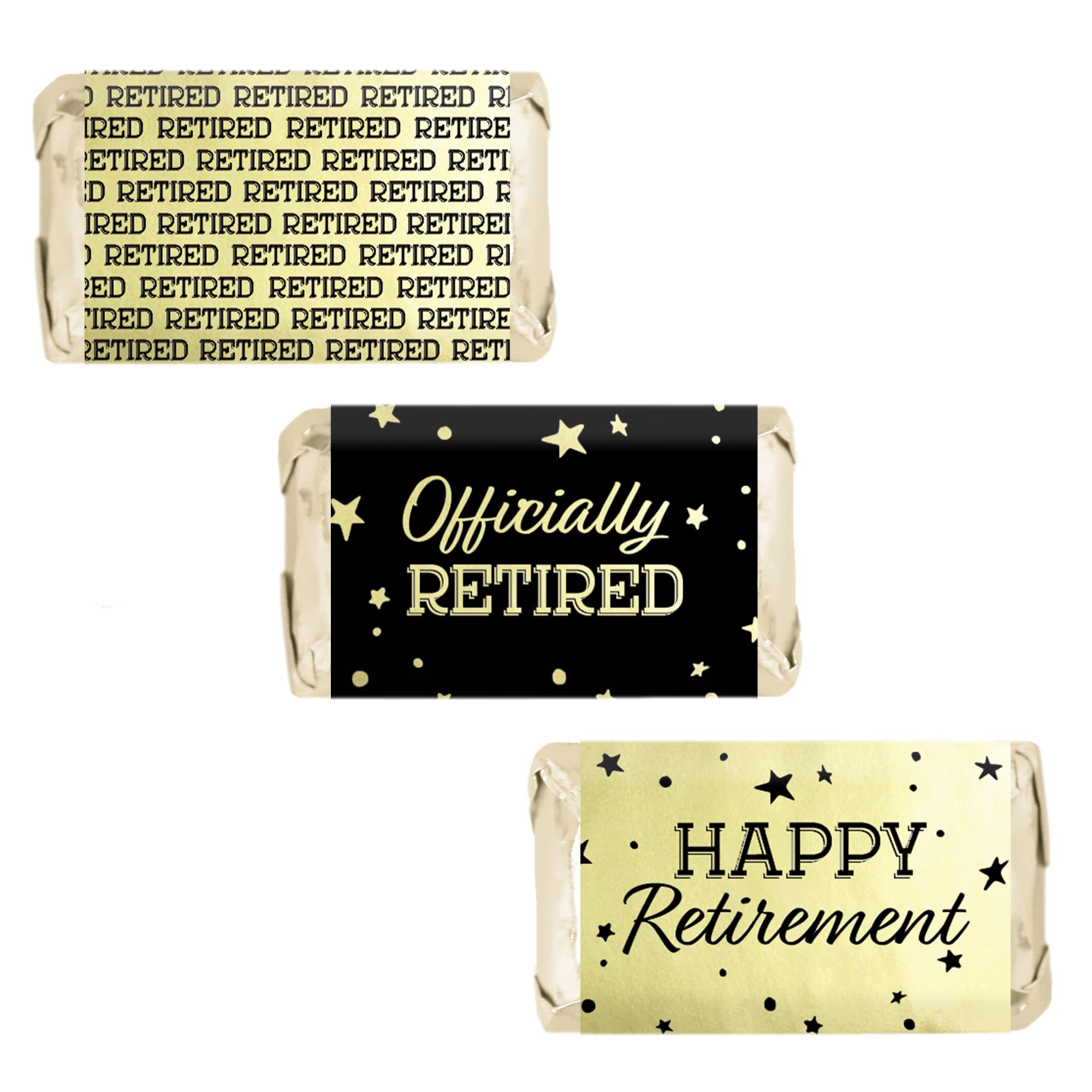 DISTINCTIVS Black and Gold Retirement Mini Candy Bar Wrappers - Shiny Foil - 45 Stickers