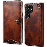 Wallet Case for Samsung Galaxy S23 Ultra, Genuine Leather Magnetic Closure Flip Case with Card Slots Kickstand Full Protection Phone Cover for Samsung Galaxy S23 Ultra,Brown