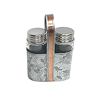 Farmhouse Salt and Pepper Shakers Set with Galvanized Caddy - Copper Accent, Padded Bottom, Large Glass Shakers with Stainless Steel Lids - Farmhouse Kitchen Decor