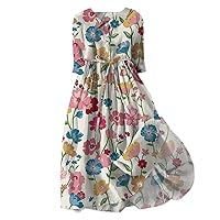 joysale Women Summer Floral Print Dresses Lace Up Waist Shirt Midi Dress Casual Half Sleeve Trendy A Line Beach Dress