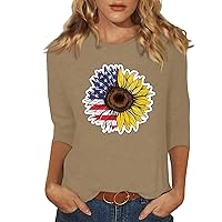 Womens 3/4 Length Sleeve Tops 2024 Summer Casual 4th of July Crew Neck Loose-Fitting Independence Day Blouses