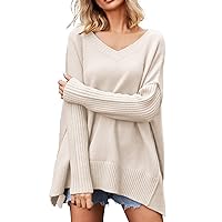 Women's Drop Shoulder V Neck Sweater Loose Oversized Jumper Ribbed Hem Pullover Tops Soft Knit Chenille Sweaters