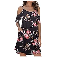 Summer Sundresses for Women Spaghetti Strap Ruffle Sleeve Cold Shoulder Dress Casual Floral Tshirt Dress with Pockets