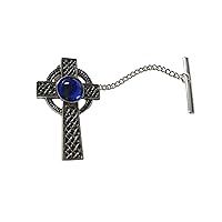 Textured Large Celtic Cross with Blue Center Tie Tack