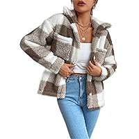 Winter coat for women - Buffalo Plaid Dual Pocket Drop Shoulder Teddy Coat