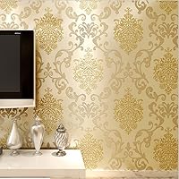 Q QIHANG DAWEI 3D Luxury Damascus Pearl Powder Non-Woven Wallpaper Roll for Living Room Beige Color 1.73'W x 32.8'L