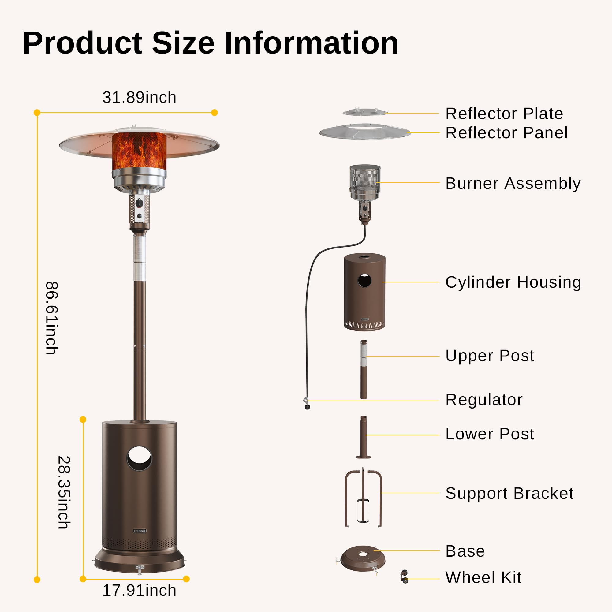 EAST OAK 48,000 BTU Patio Heater for Outdoor Use With Round Table Design, Double-Layer Stainless Steel Burner and Wheels, Outdoor Patio Heater for Home and Commercial, Bronze, 31.9