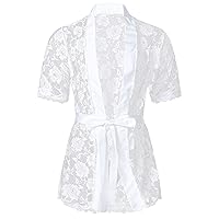 ACSUSS Mens Lace Sheer Night-Robe Short Sleeve Cardigan Bathrobe Sissy Nightwear with T-back Belt