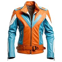 Men’s Multicolor Genuine Sheepskin Biker Jacket: Orange Blue, Stand Collar, Belted, Slim-fit, Zip-up, Soft Rider Style