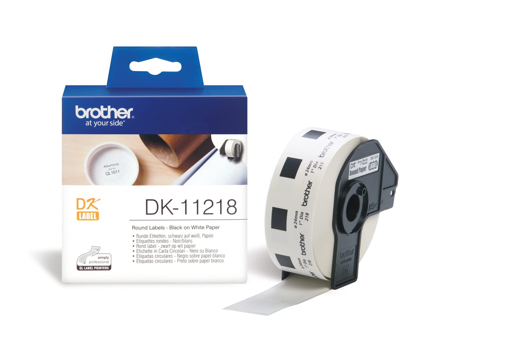 Brother DK-11218 Label Roll, Round Labels, Black on White, 1000 Labels, 24 mm, Brother Genuine Supplies