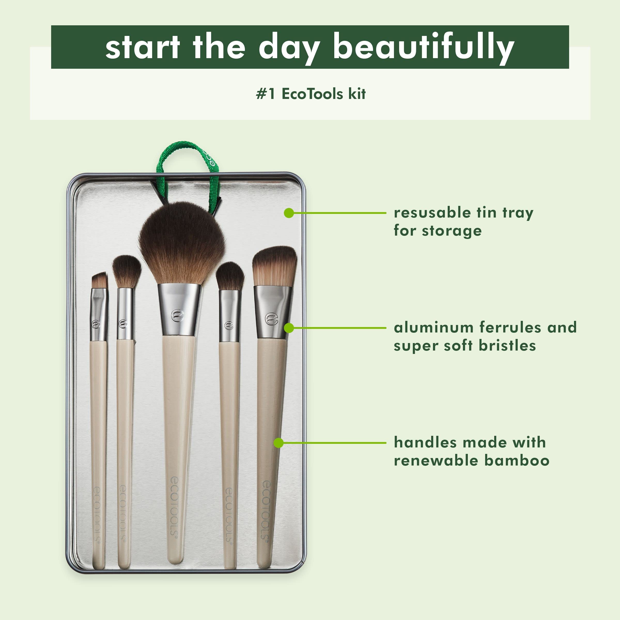 EcoTools Start The Day Beautifully Makeup Brush Kit, For Eyeshadow, Foundation, Blush, & Concealer, With Storage Tray, Travel Friendly Makeup Brush Staples, Eco Friendly, Cruelty Free, 6 Piece Set