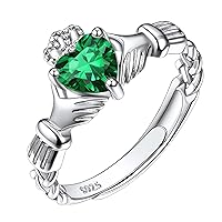 925 Sterling Silver Good Luck Celtic Trinity Knot/Claddagh Heart Birthstone Ring, Thin Delicate Adjustable Promise Engagement Ring Irish Jewelry for Women Girls